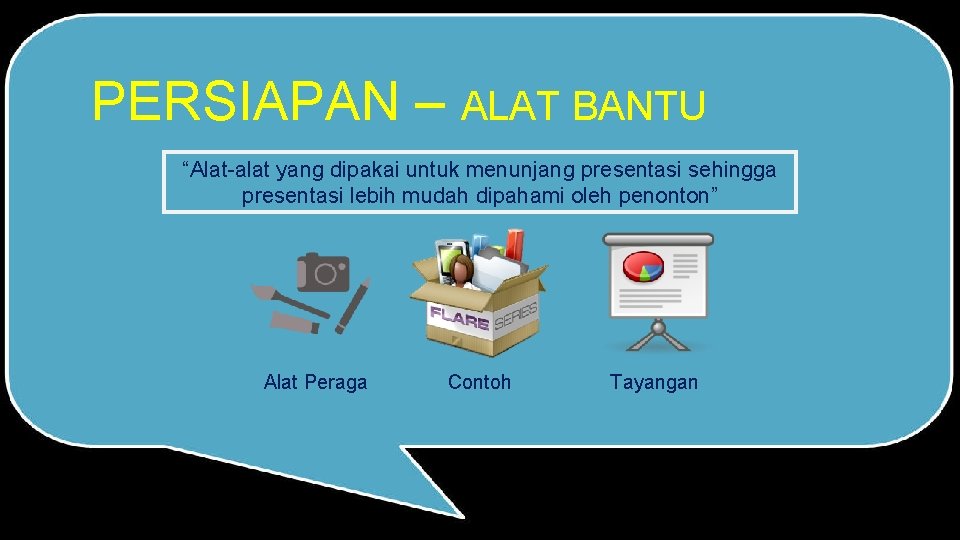 PERSIAPAN – ALAT BANTU “Alat-alat yang dipakai untuk menunjang presentasi sehingga presentasi lebih mudah