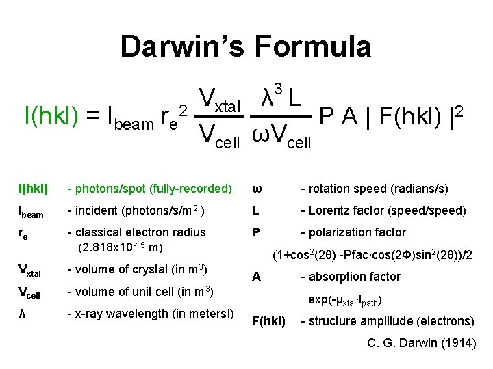 Darwin’s Formula 3 I(hkl) = Ibeam re 2 Vxtal λ L P A |