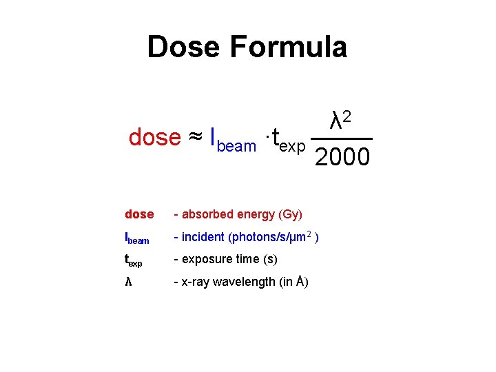 Dose Formula dose ≈ Ibeam ·texp λ 2 2000 dose - absorbed energy (Gy)