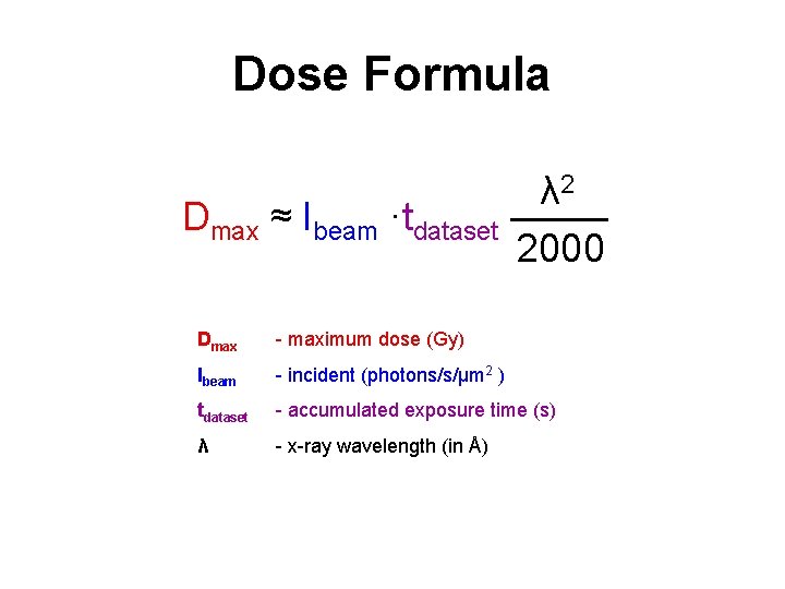 Dose Formula Dmax ≈ Ibeam ·tdataset λ 2 2000 Dmax - maximum dose (Gy)