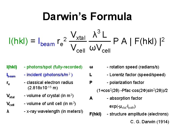 Darwin’s Formula 3 I(hkl) = Ibeam re 2 Vxtal λ L P A |