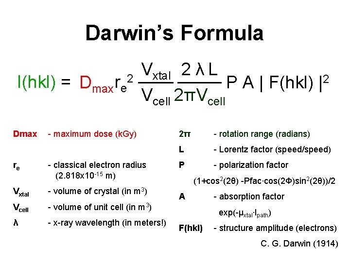 Darwin’s Formula I(hkl) = Dmax re 2 Dmax re Vxtal 2 λ L P