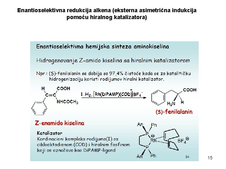 Enantioselektivna redukcija alkena (eksterna asimetrična indukcija pomoću hiralnog katalizatora) 15 