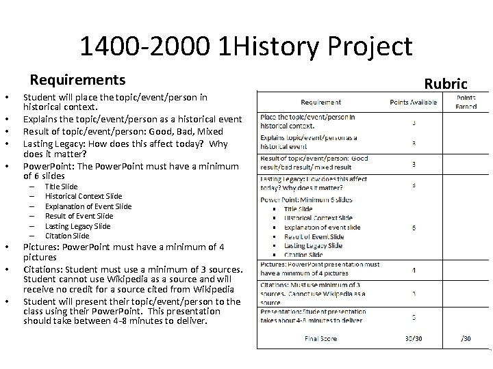 1400 -2000 1 History Project Requirements • • • Student will place the topic/event/person