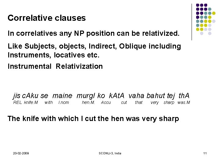 Correlative clauses In correlatives any NP position can be relativized. Like Subjects, objects, Indirect,