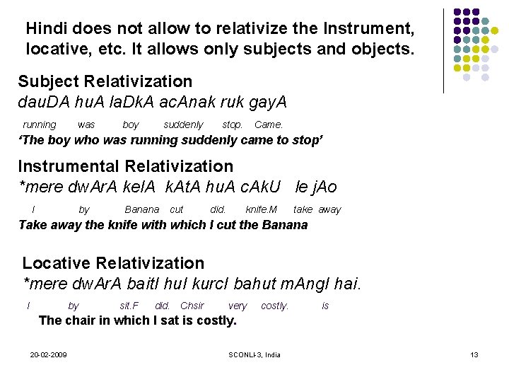 Hindi does not allow to relativize the Instrument, locative, etc. It allows only subjects