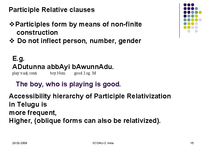 Participle Relative clauses v. Participles form by means of non-finite construction v Do not