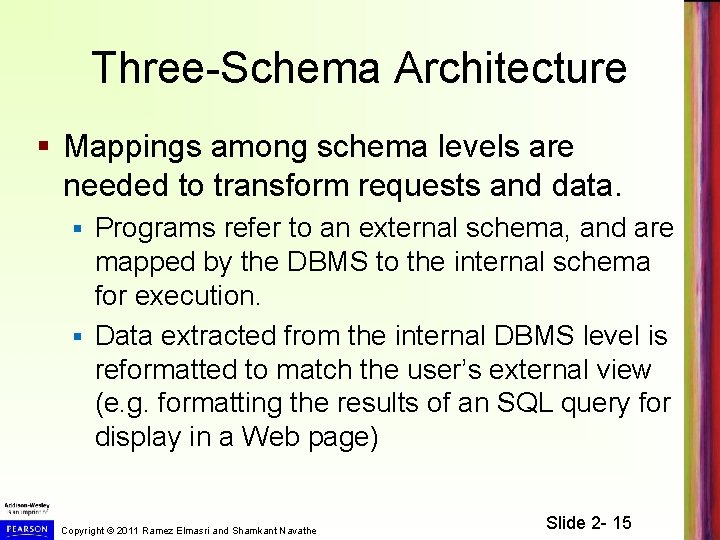 Three-Schema Architecture § Mappings among schema levels are needed to transform requests and data.