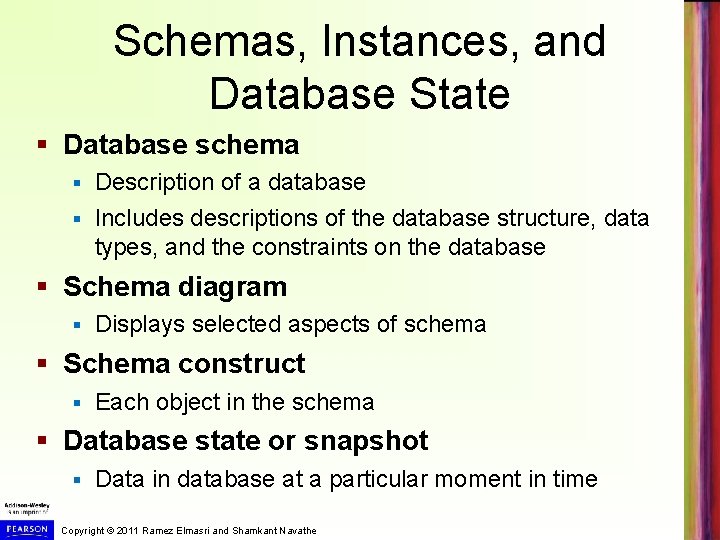 Schemas, Instances, and Database State § Database schema Description of a database § Includes