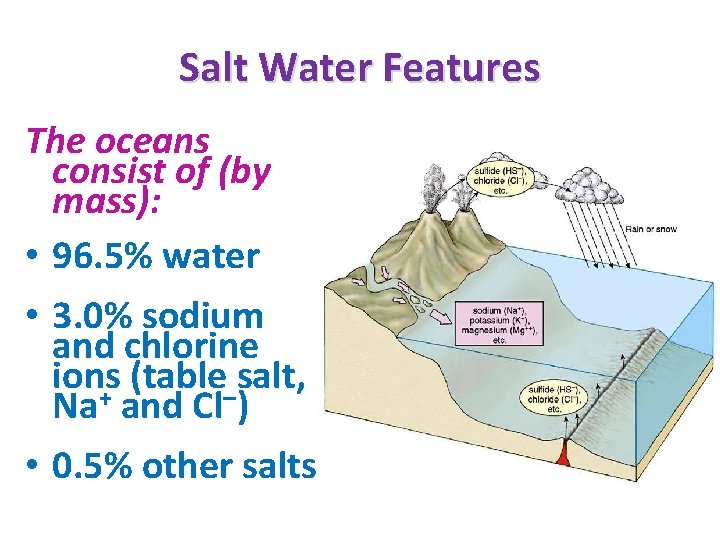 Salt Water Features The oceans consist of (by mass): • 96. 5% water •