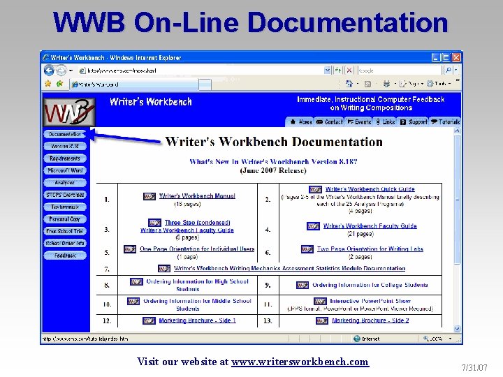 WWB On-Line Documentation Visit our website at www. writersworkbench. com 7/31/07 
