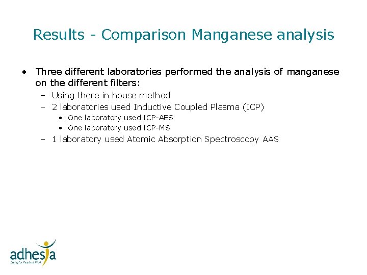 Results - Comparison Manganese analysis • Three different laboratories performed the analysis of manganese