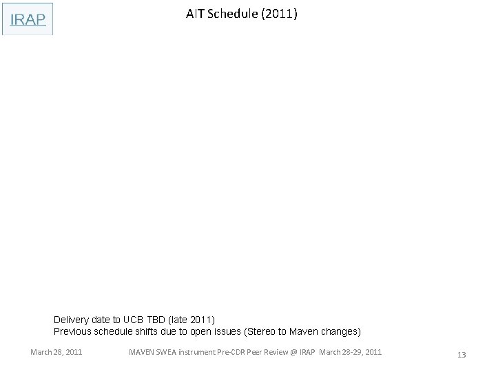 AIT Schedule (2011) Delivery date to UCB TBD (late 2011) Previous schedule shifts due