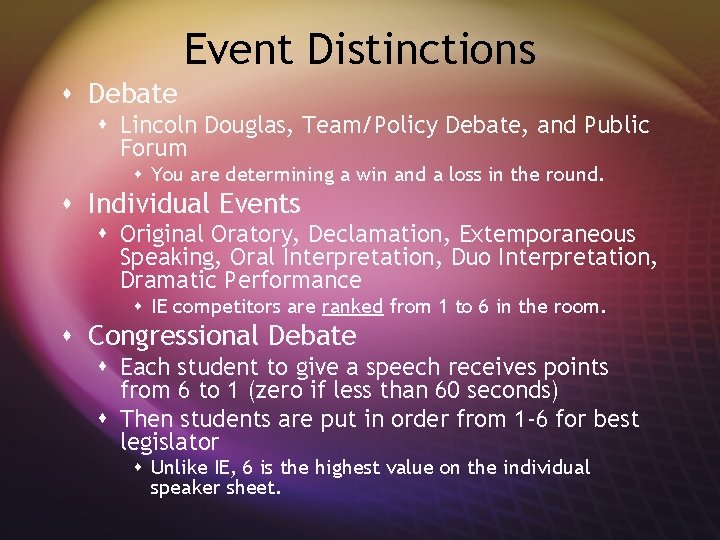 Event Distinctions s Debate s Lincoln Douglas, Team/Policy Debate, and Public Forum s You