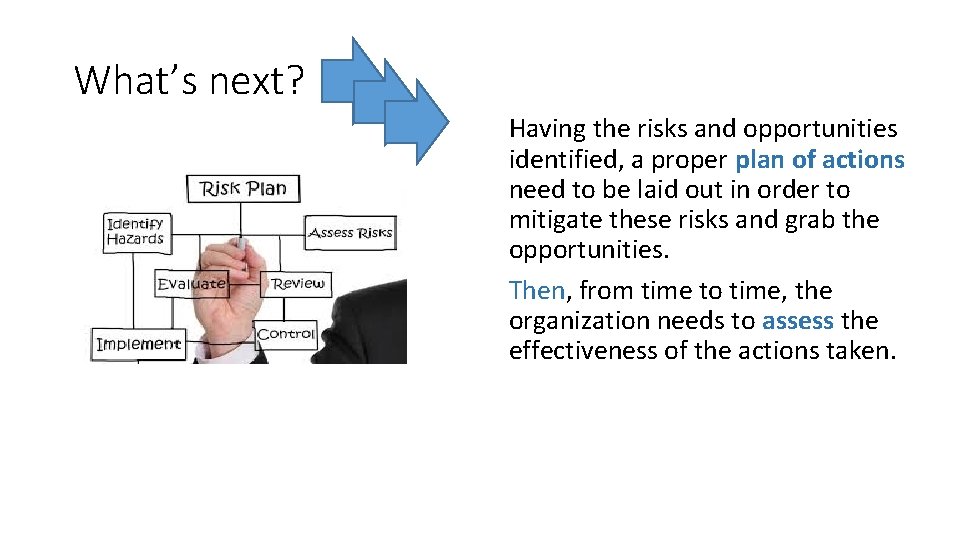 What’s next? Having the risks and opportunities identified, a proper plan of actions need