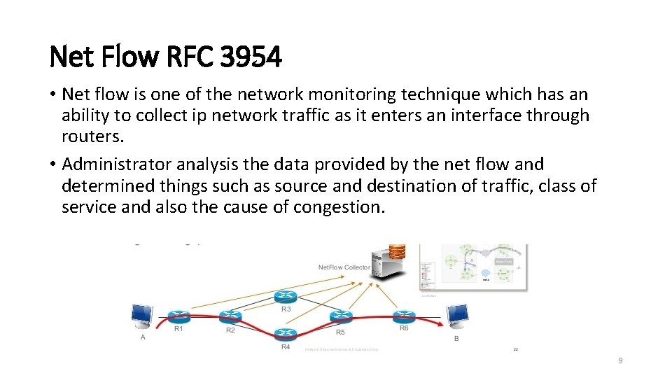 Net Flow RFC 3954 • Net flow is one of the network monitoring technique