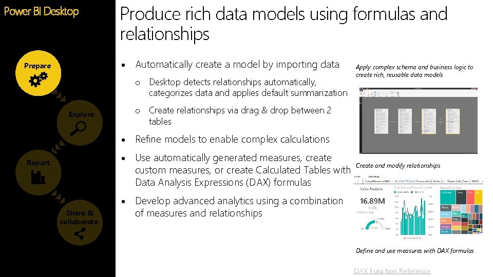 Power BI Desktop Produce rich data models using formulas and relationships Feature Prepare Explore