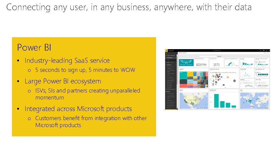 Connecting any user, in any business, anywhere, with their data Feature Power BI •