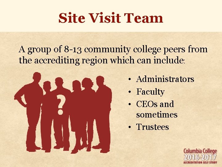 Site Visit Team A group of 8 -13 community college peers from the accrediting Site Visit Team A group of 8 -13 community college peers from the accrediting