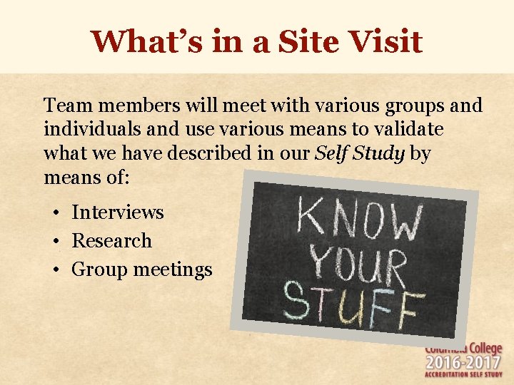 What’s in a Site Visit Team members will meet with various groups and individuals What’s in a Site Visit Team members will meet with various groups and individuals