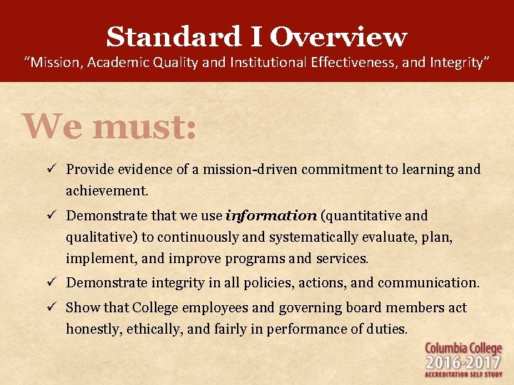 Standard I Overview “Mission, Academic Quality and Institutional Effectiveness, and Integrity” We must: ü