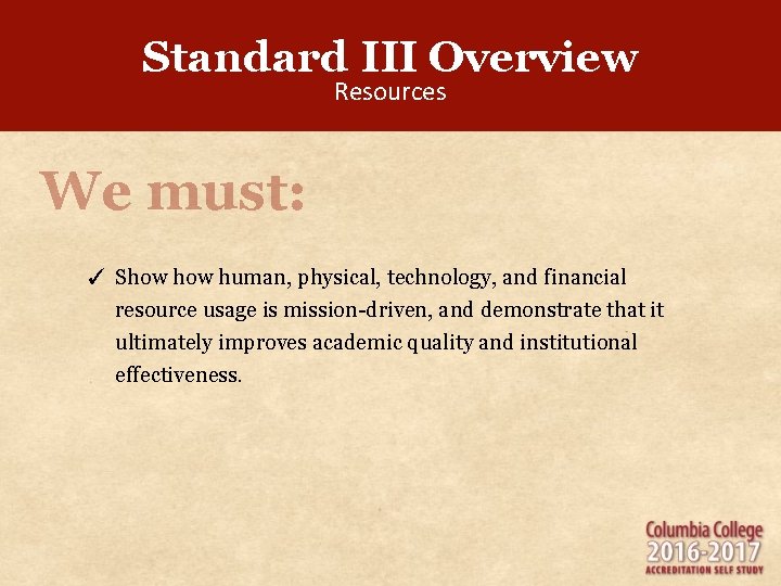 Standard III Overview STANDARD III Resources We must: ✓ Show human, physical, technology, and