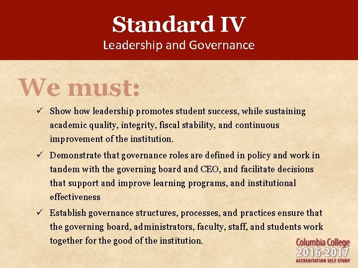 Standard IV Leadership and Governance We must: ü Show leadership promotes student success, while