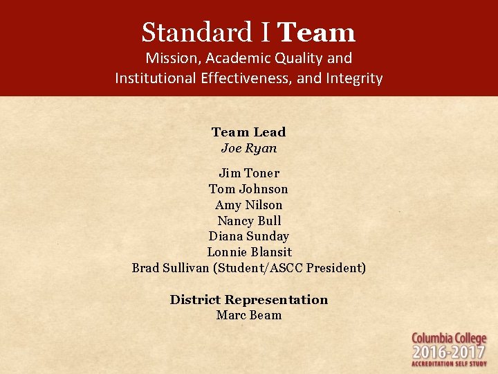 Standard I Team Mission, Academic Quality and Institutional Effectiveness, and Integrity Team Lead Joe