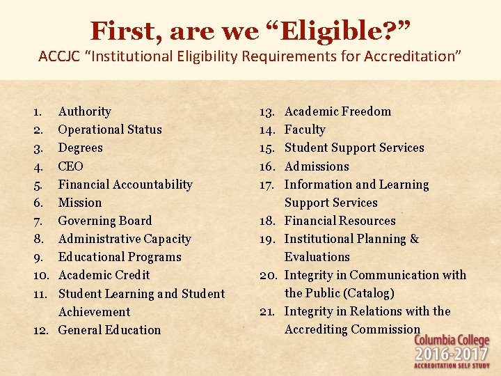 First, are we “Eligible? ” ACCJC “Institutional Eligibility Requirements for Accreditation” 1. 2. 3. First, are we “Eligible? ” ACCJC “Institutional Eligibility Requirements for Accreditation” 1. 2. 3.