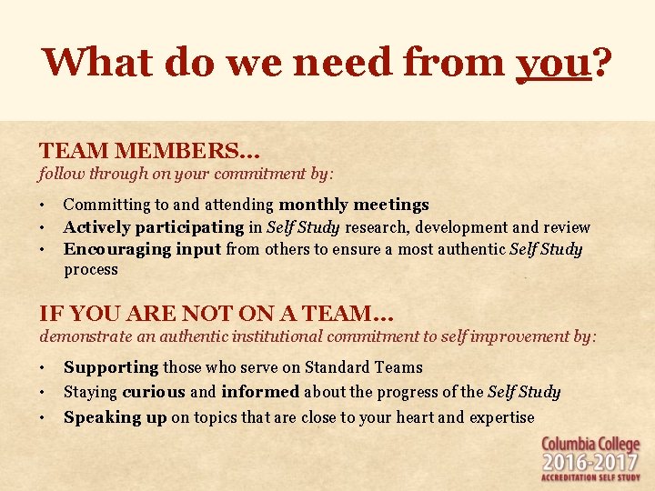 What do we need from you? TEAM MEMBERS… follow through on your commitment by: What do we need from you? TEAM MEMBERS… follow through on your commitment by: