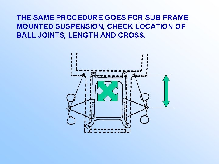 THE SAME PROCEDURE GOES FOR SUB FRAME MOUNTED SUSPENSION, CHECK LOCATION OF BALL JOINTS, THE SAME PROCEDURE GOES FOR SUB FRAME MOUNTED SUSPENSION, CHECK LOCATION OF BALL JOINTS,