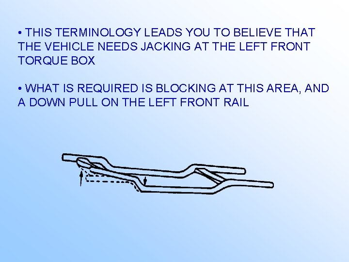 • THIS TERMINOLOGY LEADS YOU TO BELIEVE THAT THE VEHICLE NEEDS JACKING AT • THIS TERMINOLOGY LEADS YOU TO BELIEVE THAT THE VEHICLE NEEDS JACKING AT