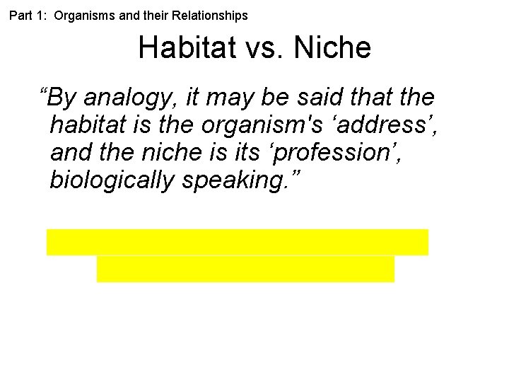 Part 1: Organisms and their Relationships Habitat vs. Niche “By analogy, it may be