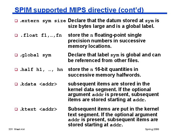 SPIM supported MIPS directive (cont’d) q . extern sym size Declare that the datum