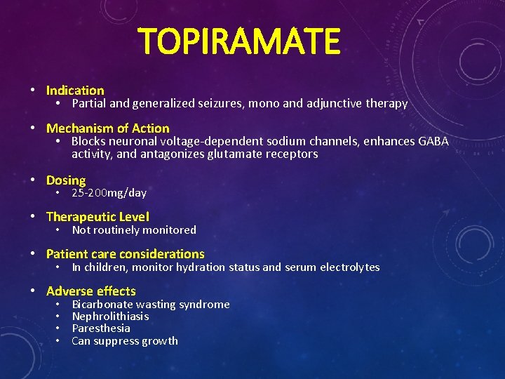 TOPIRAMATE • Indication • Partial and generalized seizures, mono and adjunctive therapy • Mechanism TOPIRAMATE • Indication • Partial and generalized seizures, mono and adjunctive therapy • Mechanism