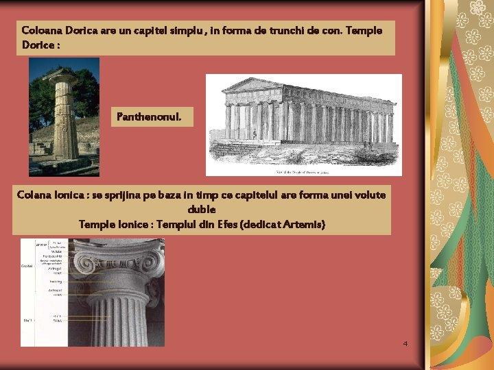 Coloana Dorica are un capitel simplu , in forma de trunchi de con. Temple