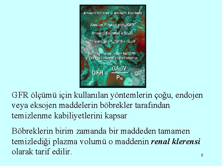 GFR ölçümü için kullanılan yöntemlerin çoğu, endojen veya eksojen maddelerin böbrekler tarafından temizlenme kabiliyetlerini