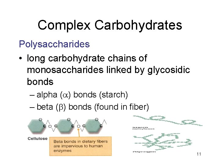 Complex Carbohydrates Polysaccharides • long carbohydrate chains of monosaccharides linked by glycosidic bonds –