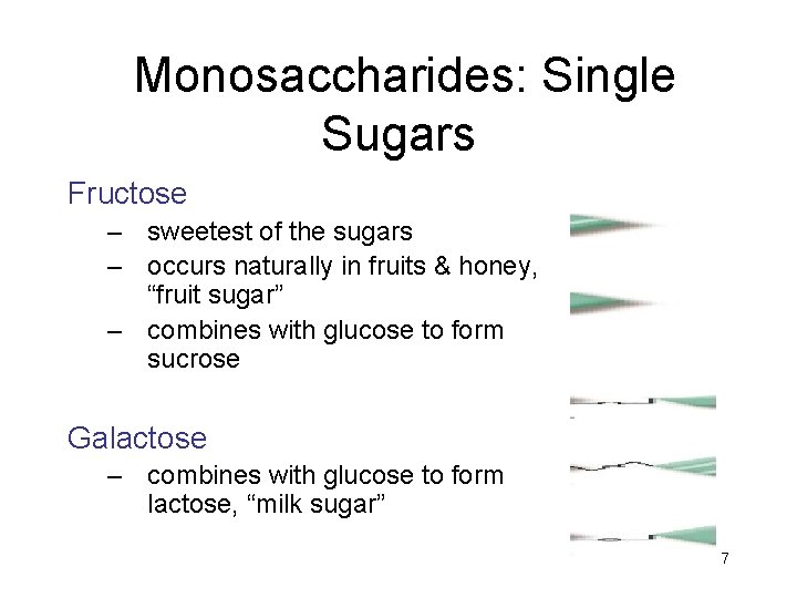 Monosaccharides: Single Sugars Fructose – sweetest of the sugars – occurs naturally in fruits