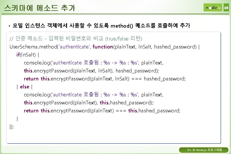 스키마에 메소드 추가 58 • 모델 인스턴스 객체에서 사용할 수 있도록 method() 메소드를 호출하여