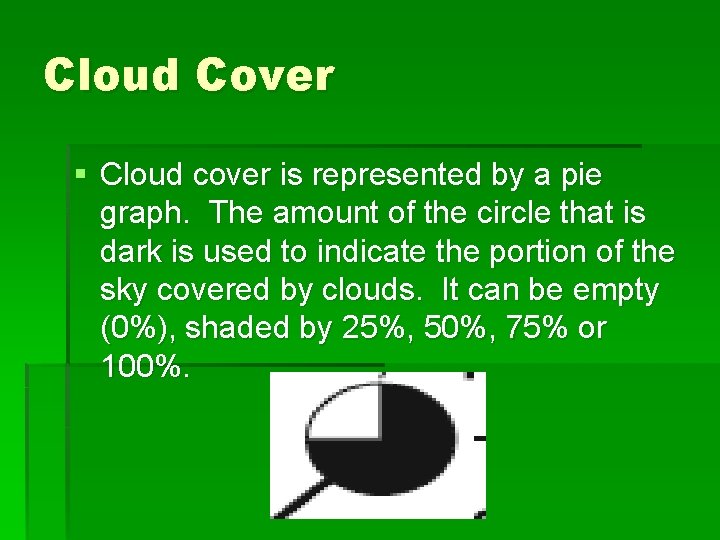 Cloud Cover § Cloud cover is represented by a pie graph. The amount of