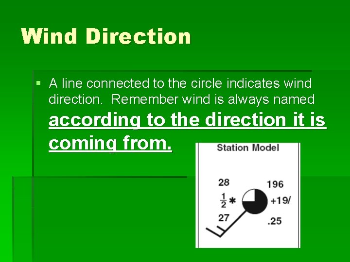 Wind Direction § A line connected to the circle indicates wind direction. Remember wind