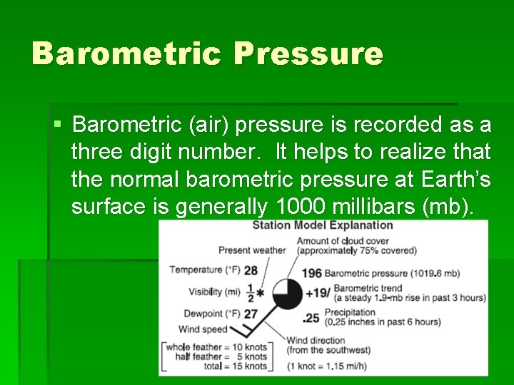 Barometric Pressure § Barometric (air) pressure is recorded as a three digit number. It