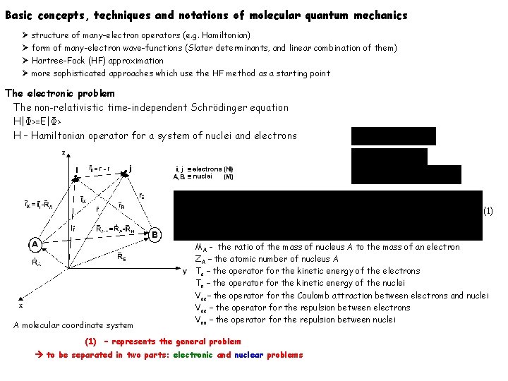 Basic concepts, techniques and notations of molecular quantum mechanics Ø structure of many-electron operators