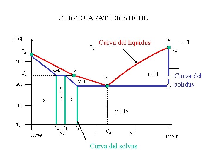 CURVE CARATTERISTICHE T[°C] L TA Curva del liquidus T[°C] TB 300 +L Tp P
