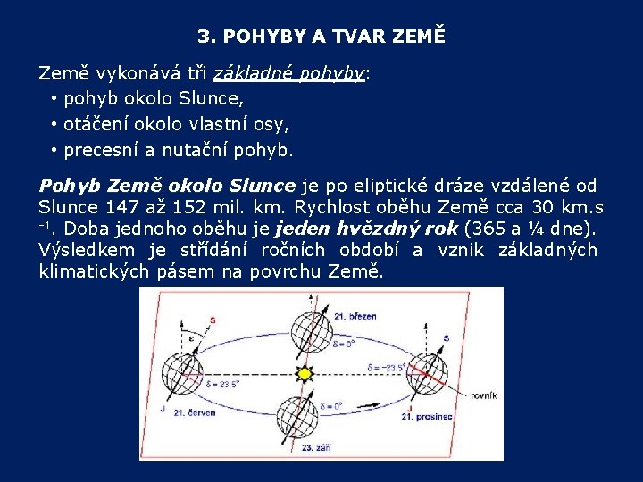 3. POHYBY A TVAR ZEMĚ Země vykonává tři základné pohyby: • pohyb okolo Slunce,