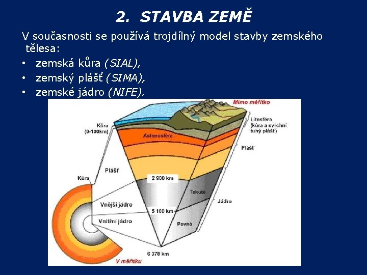 2. STAVBA ZEMĚ V současnosti se používá trojdílný model stavby zemského tělesa: • zemská