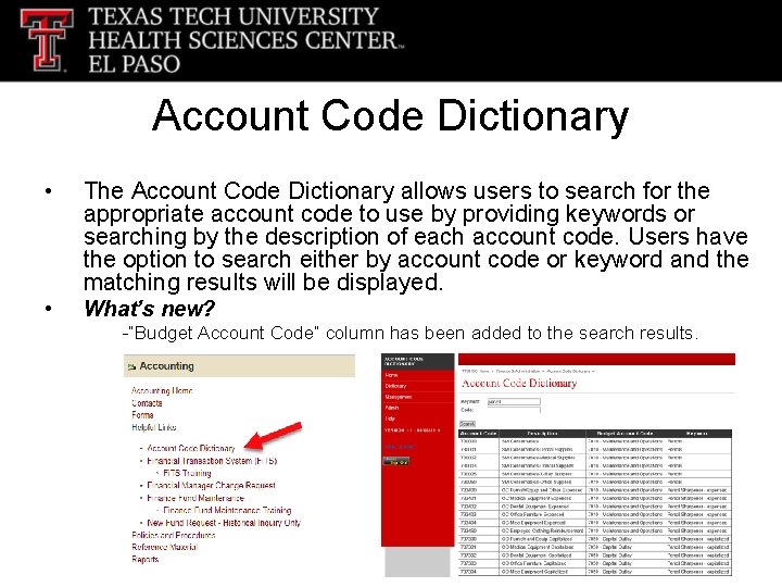 Account Code Dictionary • The Account Code Dictionary allows users to search for the