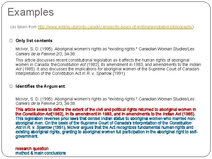 Examples (as taken from http: //www. writing. utoronto. ca/advice/specific-types-of-writing/annotated-bibliography) � Only list contents: Mc.