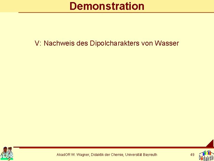 Demonstration V: Nachweis des Dipolcharakters von Wasser Akad. OR W. Wagner, Didaktik der Chemie,